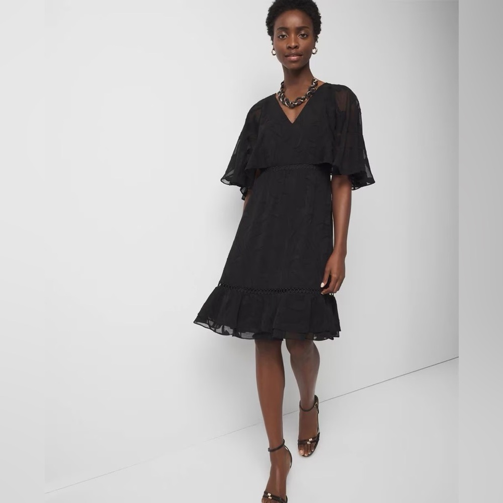 White House Black Market Black V-Neck Ruffle Midi Dress